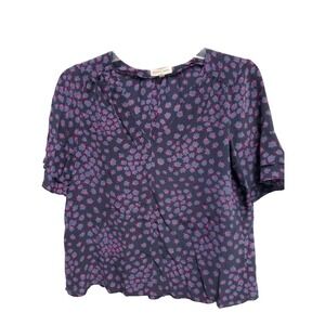 Rebecca Taylor Aster Navy Floral Silk Blouse Short Flutter Sleeve Size 6 EUC